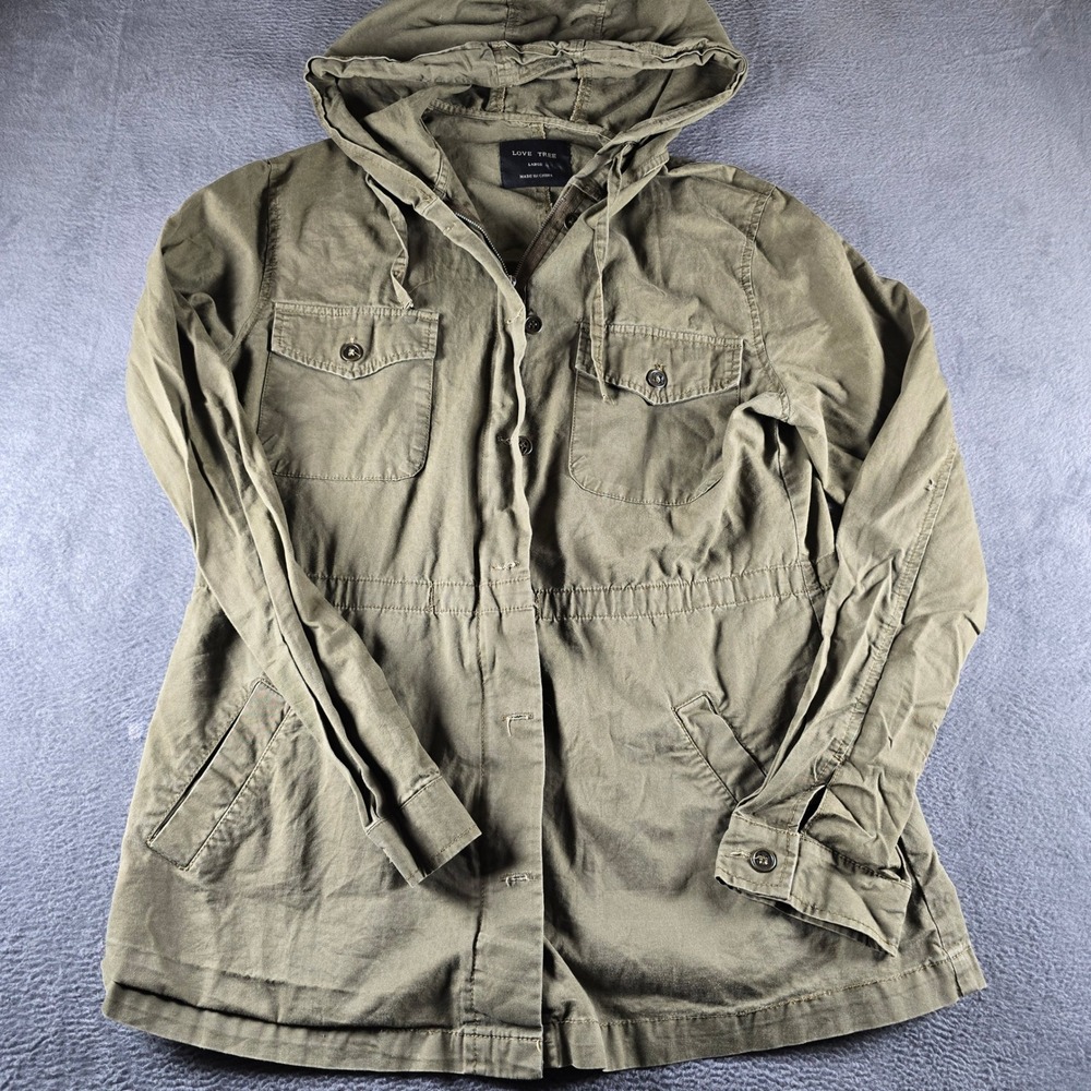 Love Tree Utility Jacket Womens Large Olive Green Hooded Drawstring